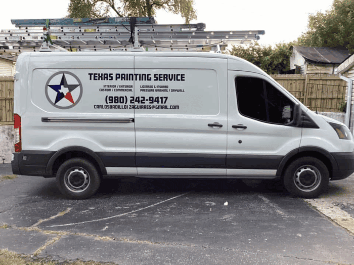 White Texas Painting Service van with business contact information, logo, and ladders secured on the roof, parked in a residential driveway—ideal for Knoxville home improvement or drywall installation needs.